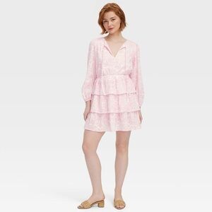 Long Sleeve Sketched Floral Tiered Mini A-Line Dress Pink NWT